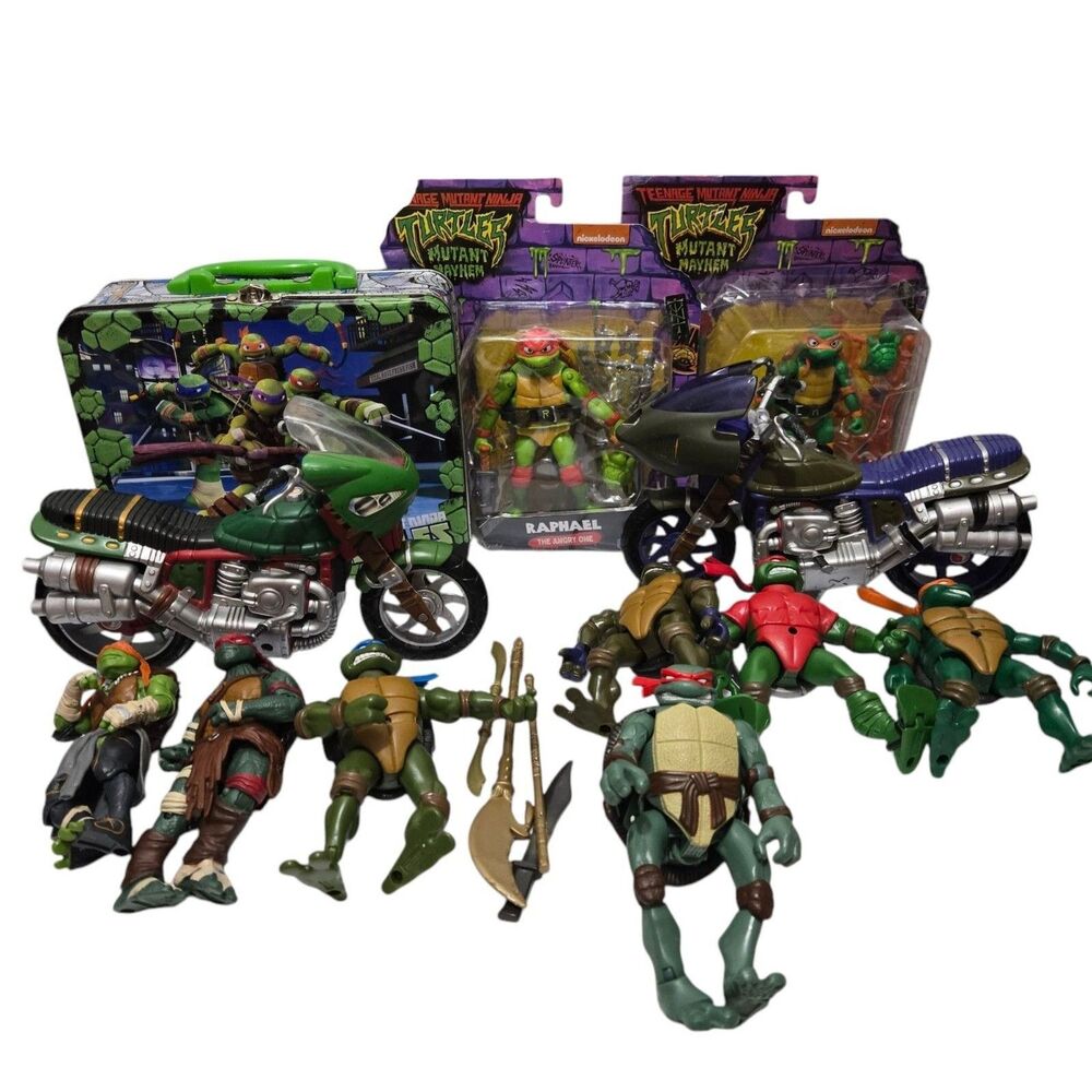TMNT Action Figure Lot with Motorcycles & Tin Lunchbox - Raphael Michelangelo